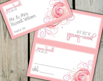 30 Custom Swirly Rose Place Cards / Rose Escort Cards - Personalized Rose Wedding Seating Cards / Showers / Birthdays - Swirly Rose Flourish