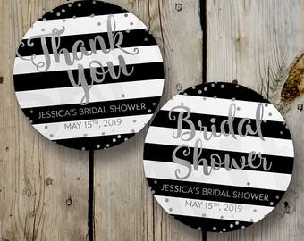 Bridal Shower Thank You Sticker, Custom Bridal Shower Sticker, Personalized Favor Sticker / Label, FAUX Silver Foil & Black Stripes