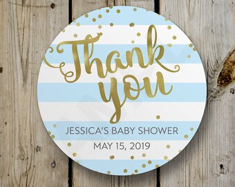 Baby Shower Thank You Stickers, Custom Boy Baby Shower Sticker, Personalized Blue Baby Shower Label Favor Sticker, Faux Gold Foil & Blue