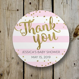 Faux Gold Foil & Pink Stripes Baby Shower Thank You Label, Custom Baby Shower Sticker, Personalized Pink Baby Shower Label Favor