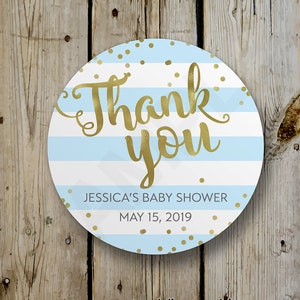 Baby Shower Thank You Stickers, Custom Boy Baby Shower Sticker, Personalized Blue Baby Shower Label Favor Sticker, Faux Gold Foil & Blue