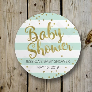 Green Baby Shower Sticker - Custom Baby Shower Label, Personalized Mint Green Baby Shower Favor Sticker, FAUX Gold Foil & Green Stripes