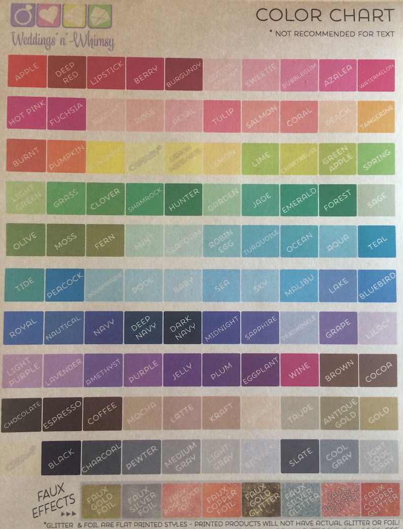 May include: Color chart with a variety of colors, including red, blue, green, yellow, and purple. The chart is labeled "Weddings'n Whimsy" and includes the text "Color Chart" and "Not Recommended for Text".