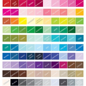 May include: Color chart with a variety of colors for weddings and events. The chart includes a wide range of colors, including red, pink, green, blue, purple, brown, and gray. The chart also includes a section for faux effects, such as glitter and foil.