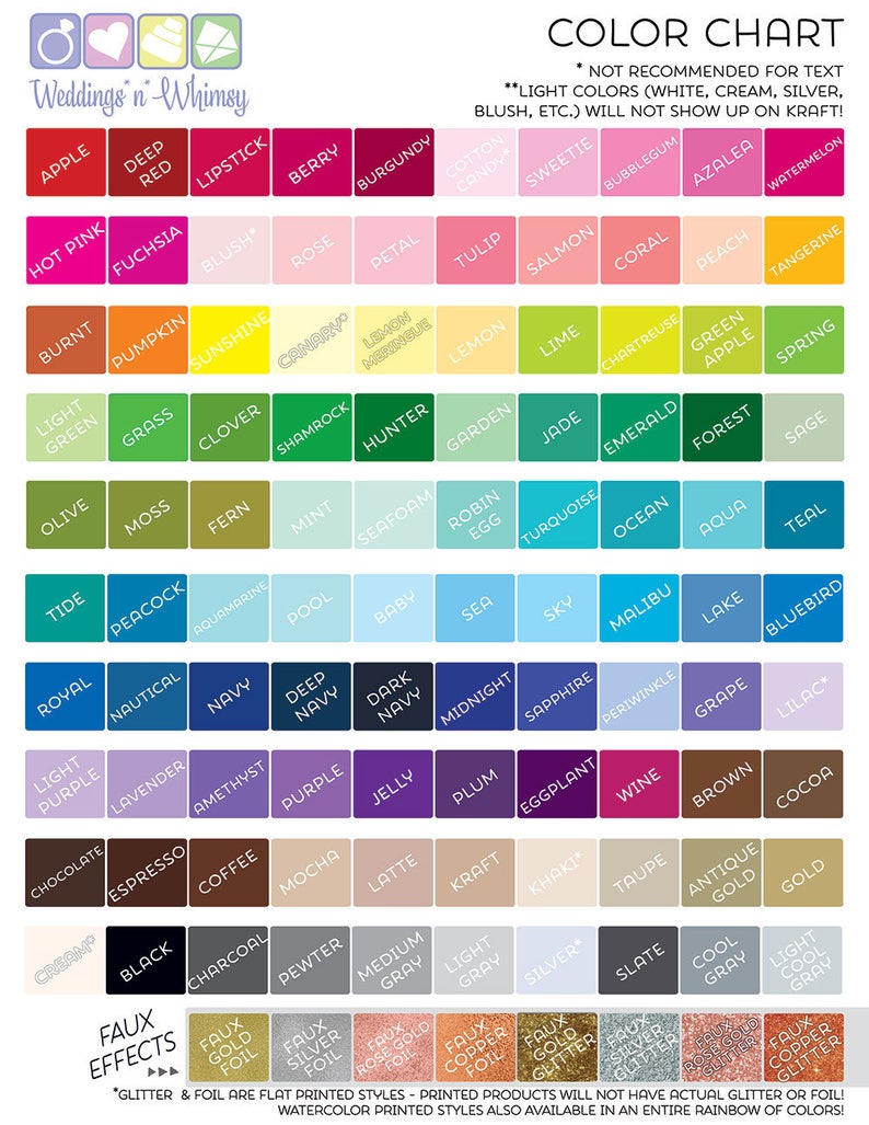 May include: Color chart with a variety of colors for weddings and events. The chart includes a wide range of colors, including red, pink, green, blue, purple, brown, and gray. The chart also includes a section for faux effects, such as glitter and foil.