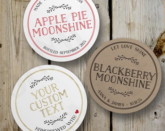 Custom Homemade Moonshine Stickers, Vintage Homebrewed Round Printed Labels, Personalized Wedding Favor, Apple Pie / Blackberry / Peach ETC