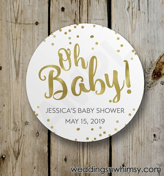 Oh Baby Sticker, Baby Shower Sticker / Label, Personalized, Custom Neutral Shower, White and Gold Baby Shower, FAUX Gold Foil & White