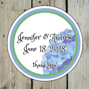 Round Custom Hydrangea Favor Labels / Stickers - Blue Hydrangea - Personalized Hydrangea Wedding Favor Stickers / Shower Labels / Birthday