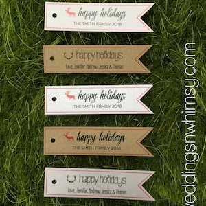 Happy Holidays Tags - 30 Small Pennant Custom Holiday Gift Tags - Personalized Gift Tags / Party Tags / Rustic Antler Tags / Business Tags