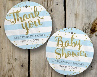 Faux Gold Foil & Blue Stripes Baby Shower Favor Tag - Custom Baby Shower Thank You Tag, Personalized Blue and Gold Baby Shower Favor Tag