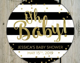Faux Gold Foil & Black Stripes Oh Baby Shower Label, Custom Black and Gold Baby Shower Sticker / Label, Personalized Trendy Baby Shower