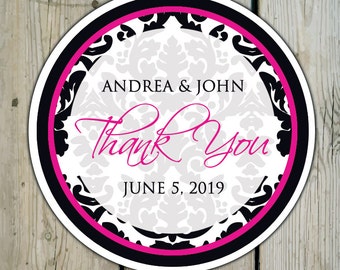 Round Custom Damask Favor Labels / Stickers - Black & White Damask - Personalized Damask Wedding Favor Stickers / Shower Labels / Birthday