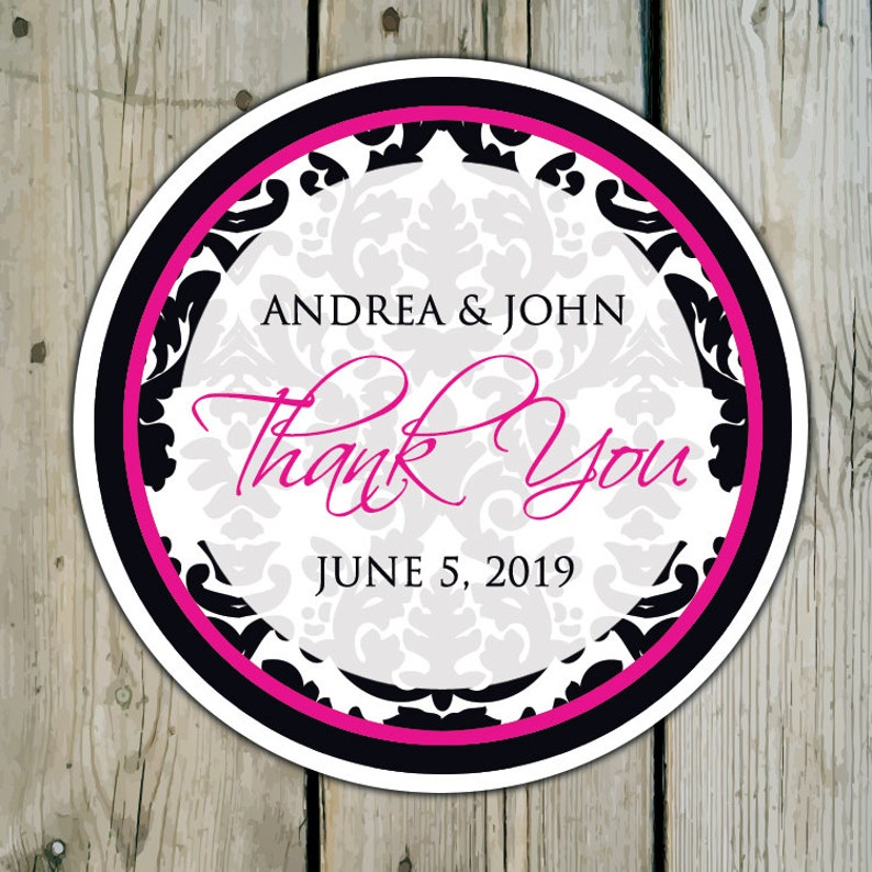 Personalized Damask Wedding Favor Stickers Shower Labels Birthday Black /& White Damask Round Custom Damask Favor Labels Stickers