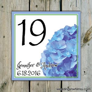 10 Custom Hydrangea Table Numbers - Personalized Hydrangea Wedding Table Numbers / Blue Hydrangea Shower Table Numbers / Birthday Table Card