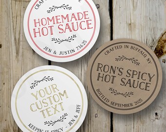 Custom Hot Sauce Stickers, Vintage Homemade Pepper Sauce Round Stickers, Printed Bottle Labels, Personalized Wedding Favor, White Kraft