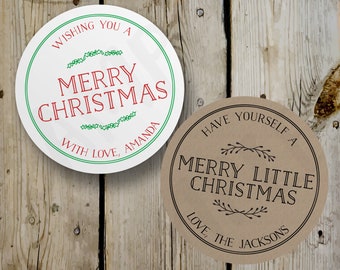 Custom Christmas Stickers, Vintage Merry Christmas Round Stickers, Printed Labels, Personalized Stickers, White / Kraft , Custom Text