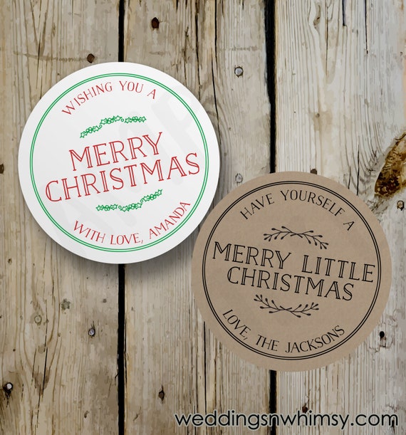 Custom Christmas Stickers, Vintage Merry Christmas Round Stickers, Printed Labels, Personalized Stickers, White / Kraft , Custom Text