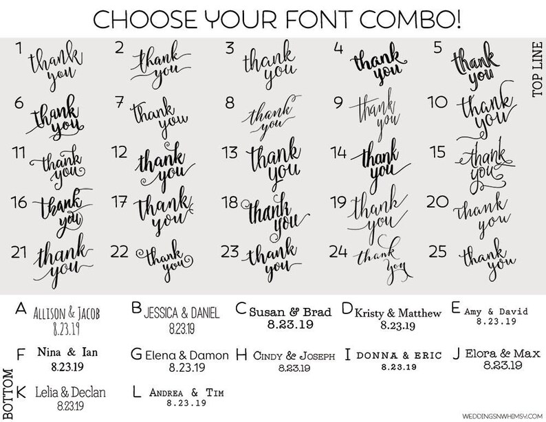 May include: A chart with 25 different font styles for the phrase "thank you". Below the chart are 12 different name and date combinations for wedding thank you cards.