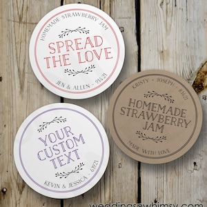 Stickers Spread the Love personnalisés, stickers ronds vintage pot de confiture fait maison, étiquettes de mise en conserve de confiture imprimées, cadeau de mariage personnalisé kraft blanc
