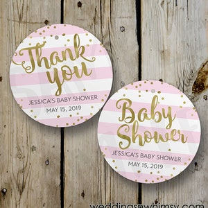 Baby Shower Favor Tag - Custom Baby Shower Thank You Tag, Personalized Pink and Gold Baby Shower Favor Tag, FAUX Gold Foil & Pink Stripes