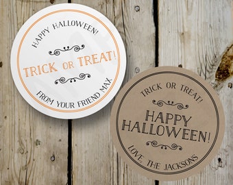 Personalisierte Halloween Sticker, Vintage Trick or Treat Runde Sticker, Bedruckte Etiketten, personalisierte Sticker, Weiß / Kraft Sticker, Individueller Text