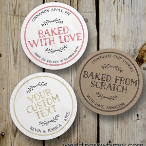 Custom Baked with Love Stickers, Vintage Homemade Round Stickers, Printed Baked from Scratch Labels, Personalized Wedding Favor, White Kraft