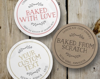 Custom Baked with Love Stickers, Vintage Homemade Round Stickers, Printed Baked from Scratch Labels, Personalized Wedding Favor, White Kraft