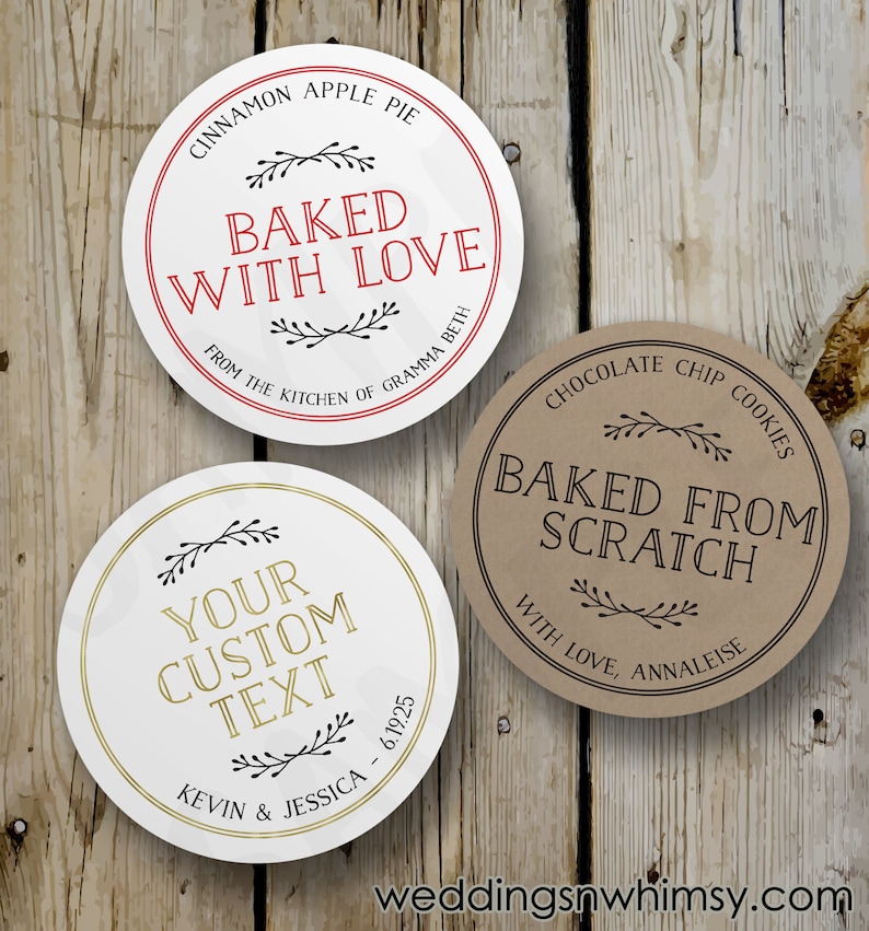 Custom Baked with Love Stickers, Vintage Homemade Round Stickers, Printed Baked from Scratch Labels, Personalized Wedding Favor, White Kraft image 1