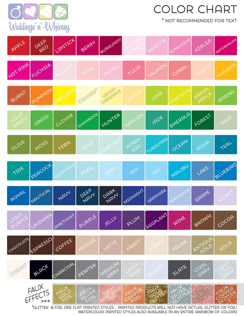 Op de afbeelding: Een kleurenkaart met een verscheidenheid aan kleuren, waaronder rood, blauw, groen, geel en paars. De kaart is gelabeld "Weddings n' Whimsy" en bevat de namen van elke kleur. De kaart bevat ook een sectie voor "Faux Effects" met verschillende folie- en glitteropties.