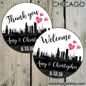Chicago Skyline Favor Labels, Personalized Wedding Welcome Stickers, City of Chicago Wedding Stickers, Illinois Destination Wedding Labels