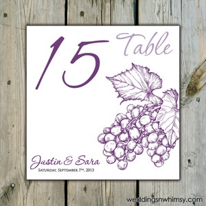 Grape Table Numbers - Custom / Personalized Winery Wedding Table Numbers / Shower Table Number Cards, Cluster of Grapes Winery Table Numbers