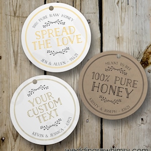 Étiquettes de faveur de miel personnalisées, Spread the Love, étiquettes rondes vintage pour pots Mason, étiquettes de miel imprimées, cadeaux de mariage personnalisés, papier kraft blanc