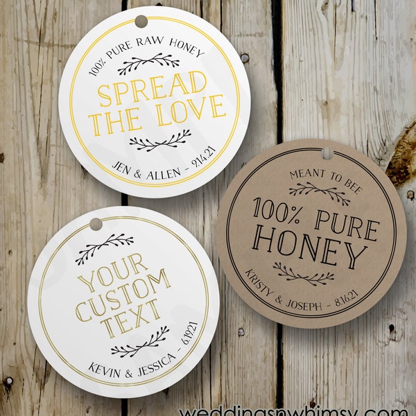Custom Honey Favor Tags, Spread the Love Tags, Vintage Mason Jar Round Tags, Printed Honey Tags, Personalized Wedding Favors, White Kraft