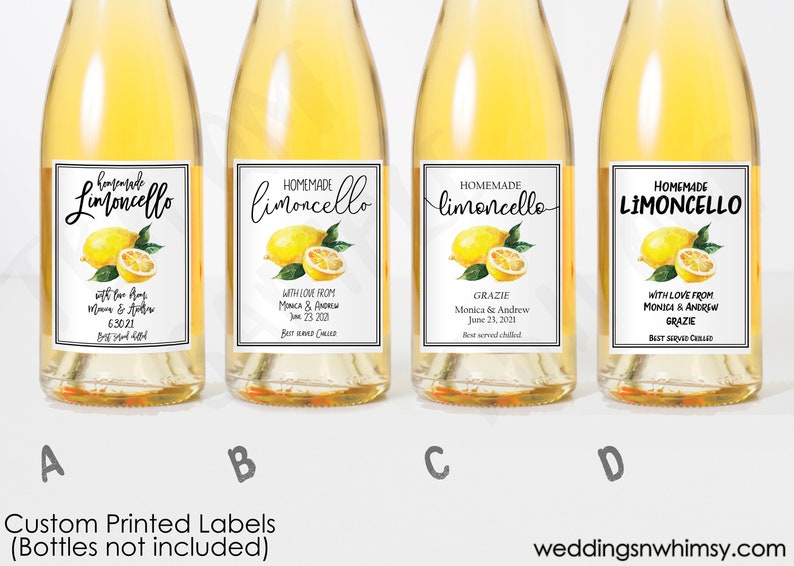 May include: Four clear glass bottles with white labels that say "Homemade Limoncello" with a watercolor lemon illustration. The labels have different text, including "With love from Monica & Andrew" and "Grazie Monica & Andrew June 23, 2021".