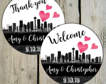 Seattle Skyline Favor Labels, Personalized Wedding Welcome Stickers, City of Seattle Wedding Stickers, Washington Destination Wedding Labels