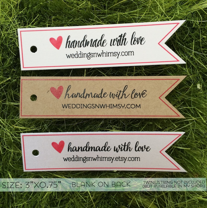 Handmade with Love Tags 30 Custom Pennant Gift Tags Favor Tags Wedding Tags Shower Tags Birthday Tags Business Tags White Kraft
