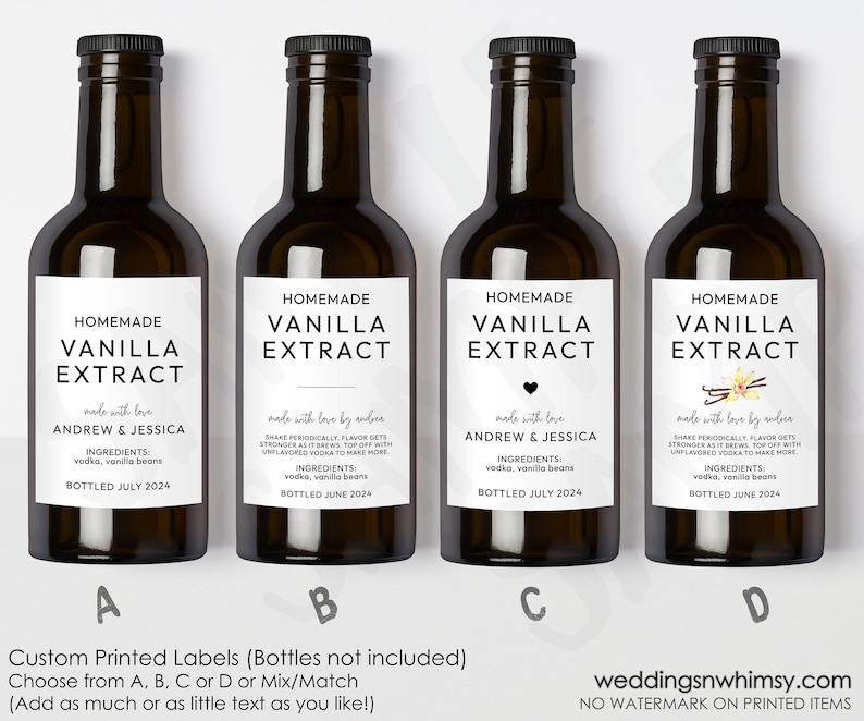 May include: Four printable labels for homemade vanilla extract bottles. The labels are white with black text and feature different designs. The first label says "Homemade Vanilla Extract" with the names "Andrew & Jessica" and the date "Bottled July 2024". The second label says "Homemade Vanilla Extract" with the text "made with love by andra" and the date "Bottled June 2024". The third label says "Homemade Vanilla Extract" with the names "Andrew & Jessica" and the date "Bottled July 2024". The fourth label says "Homemade Vanilla Extract" with the text "made with love by amber" and the date "Bottled June 2024".