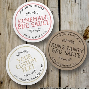 Custom BBQ Sauce Stickers, Vintage Homemade BBQ Sauce Round Stickers, Printed Bottle Labels, Personalized Handcrafted Favor, White Kraft