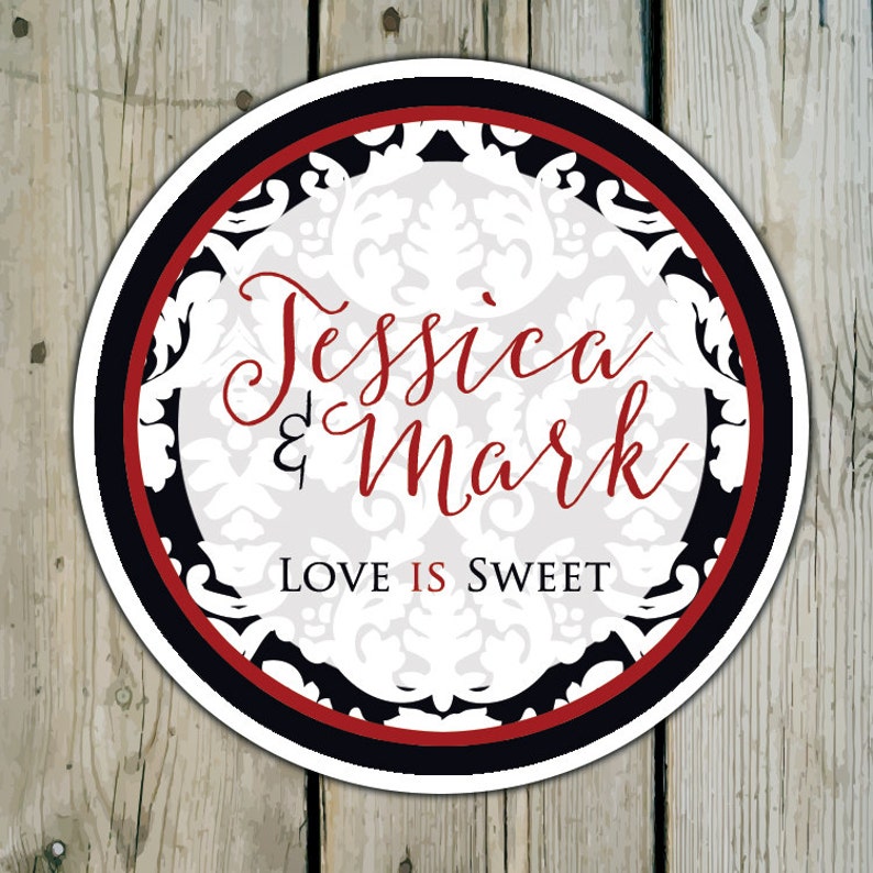 Personalized Damask Wedding Favor Stickers Shower Labels Birthday Black /& White Damask Round Custom Damask Favor Labels Stickers