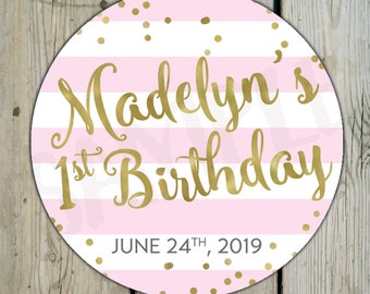 First Birthday Favor Stickers, Custom 1st Birthday Sticker / Label, Personalized Pink and Gold Birthday Label, Faux Gold Foil & Pink Stripes