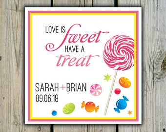 Square Custom Candy Favor Labels / Stickers - Lollipop & Candy Personalized Candy Wedding Favor Stickers / Shower / Birthday / Mitzvah