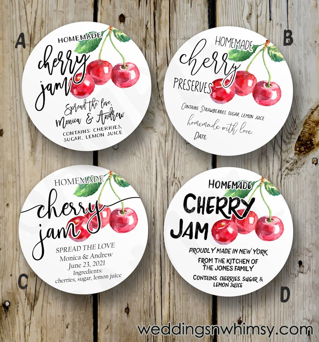 Custom Cherry Jam Labels, Printed Cherry Preserves Stickers, Personalized Jelly / Spread Sticker