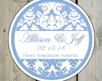 Round Custom Damask Favor Labels / Stickers - Serenity Blue Damask - Personalized Damask Wedding Favor Stickers / Shower Labels / Birthday