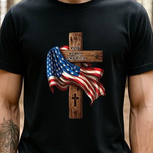 God Bless America Cross png-Christian USA Flag Sublimation Design-Patriotic Religious Tee-God and Country Faith Graphic for 4th of July