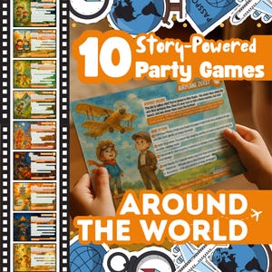 Puede incluir: Un juego de mesa colorido titulado "10 Story-Powered Party Games" con el tema "Around the World". La imagen muestra una tarjeta de juego con una ilustración de avión y el texto "Airplane Derby". La tarjeta de juego está sostenida por una persona. El juego incluye una tira de película de tarjetas ilustradas.
