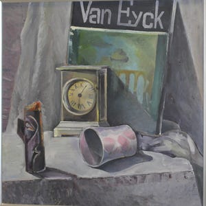 Vintage oil painting still life with clock and candle