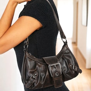 Brown Faux Leather Shoulder Bag With Silver Buckle – Cute