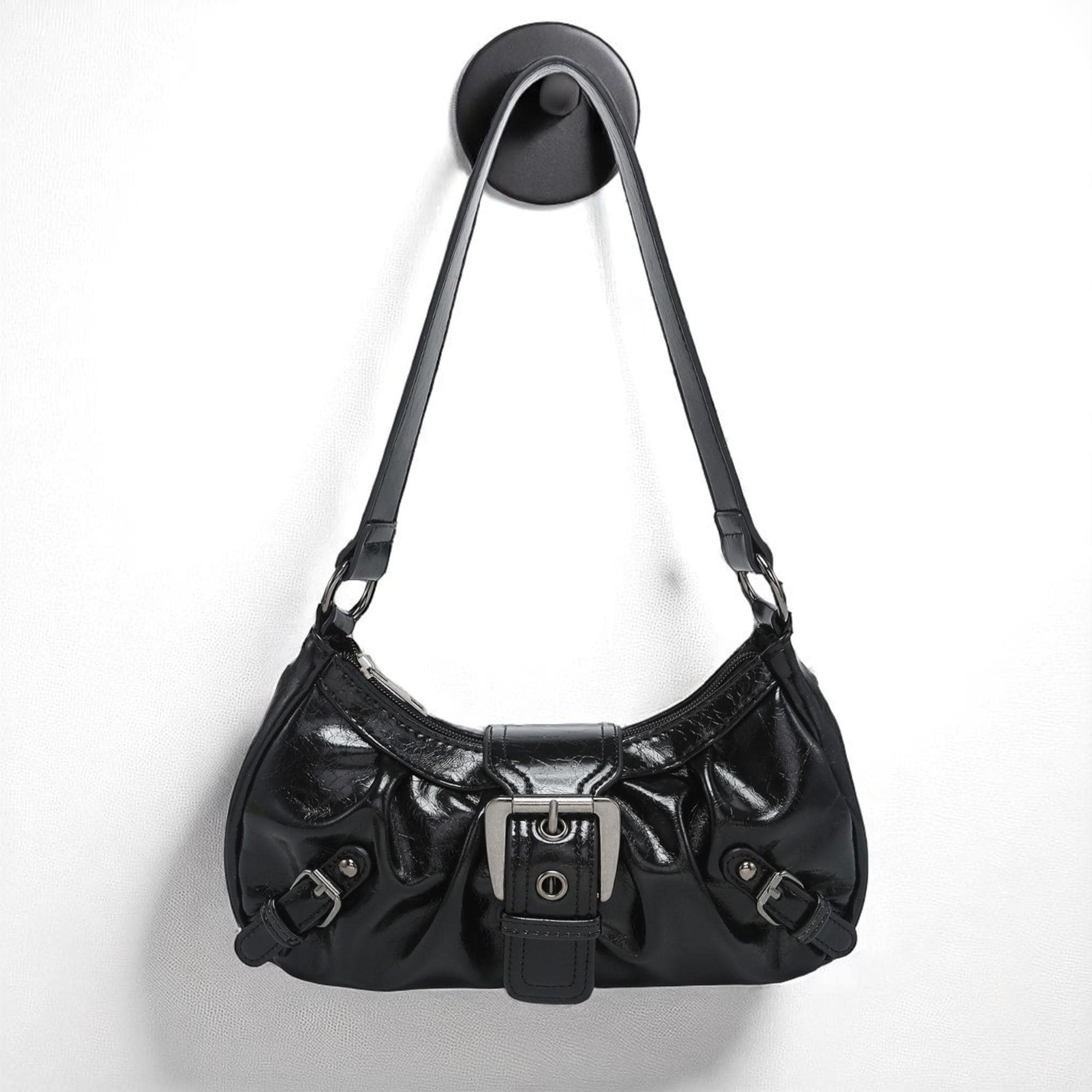 90s Brown Shoulder Bag – Faux Leather Grunge Purse, Silver