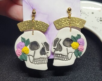 Tri Color Floral Skull Earrings