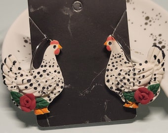 White Speckled Chicken Floral Rose Earrings